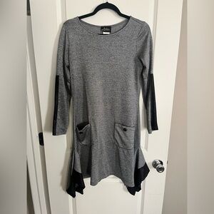 Gray Long Sleeve Dress with Black Leather Accents